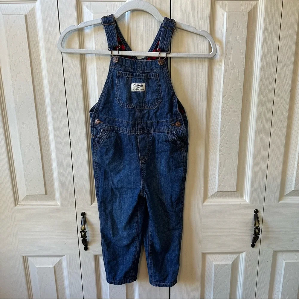 Oshkosh Girls Size 4T Buffalo Plaid Lined Denim Overalls Bib Ruffle Pockets